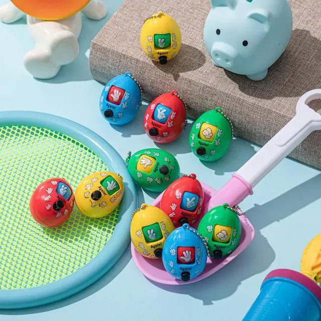 Alt view image 6 of 6 - 100 Pcs Rock Paper Scissors Random Toy 2 x 1.5 Inch Mini Random Rock Paper Scissors Game Egg Toy Keychain Prop for Party Favor Goodie Bag Stuffer Gift, 4 Color, No Battery Needed (Bright)