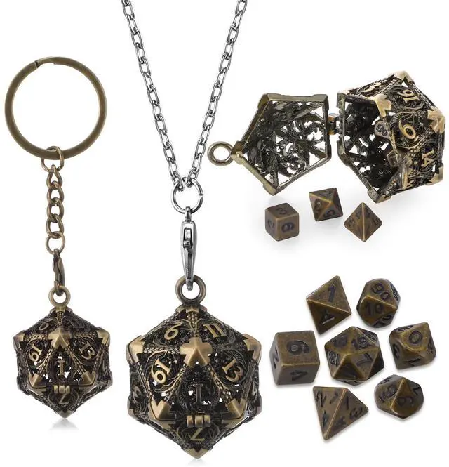 Main image of Mini Dice Set 7 Pcs Tiny Small Metal Dice Set Hollow D20 Necklace Case Keychain Role Playing Table Games Portable Teacher Gift Mother Gift(Antique Gold)