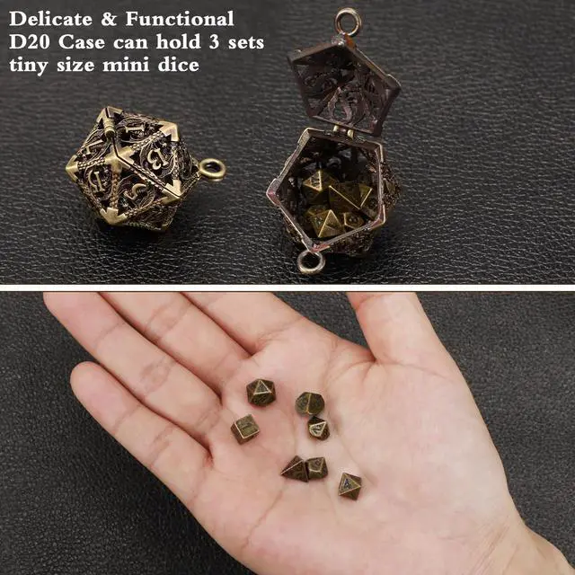 Alt view image 2 of 6 - Mini Dice Set 7 Pcs Tiny Small Metal Dice Set Hollow D20 Necklace Case Keychain Role Playing Table Games Portable Teacher Gift Mother Gift(Antique Gold)