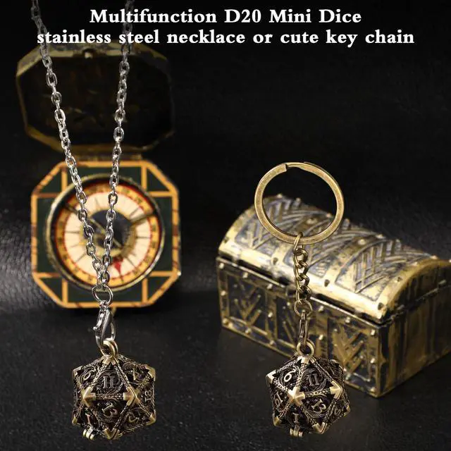 Alt view image 4 of 6 - Mini Dice Set 7 Pcs Tiny Small Metal Dice Set Hollow D20 Necklace Case Keychain Role Playing Table Games Portable Teacher Gift Mother Gift(Antique Gold)
