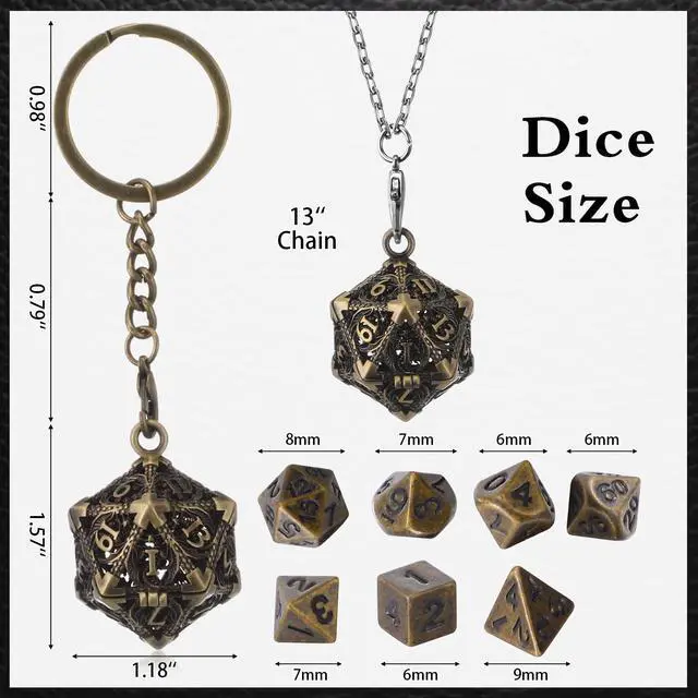 Alt view image 3 of 6 - Mini Dice Set 7 Pcs Tiny Small Metal Dice Set Hollow D20 Necklace Case Keychain Role Playing Table Games Portable Teacher Gift Mother Gift(Antique Gold)