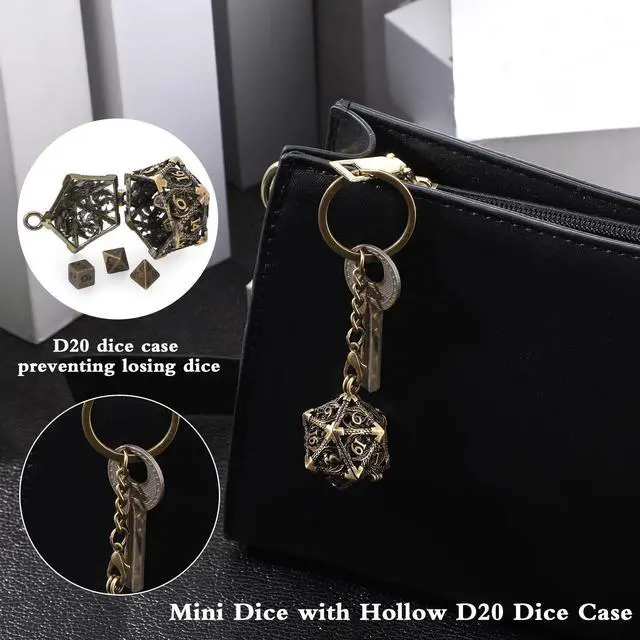 Alt view image 5 of 6 - Mini Dice Set 7 Pcs Tiny Small Metal Dice Set Hollow D20 Necklace Case Keychain Role Playing Table Games Portable Teacher Gift Mother Gift(Antique Gold)