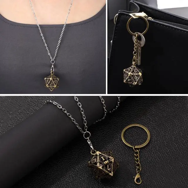 Alt view image 6 of 6 - Mini Dice Set 7 Pcs Tiny Small Metal Dice Set Hollow D20 Necklace Case Keychain Role Playing Table Games Portable Teacher Gift Mother Gift(Antique Gold)