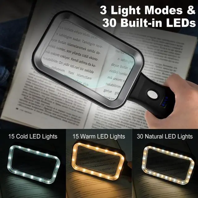 Alt view image 2 of 7 - 10X Magnifying Glass with Light, Rechargeable Magnifier with 3 Color Modes, Lighted Magnifying Glass Handheld for Seniors Reading Low Vision, Inspection, Close Work