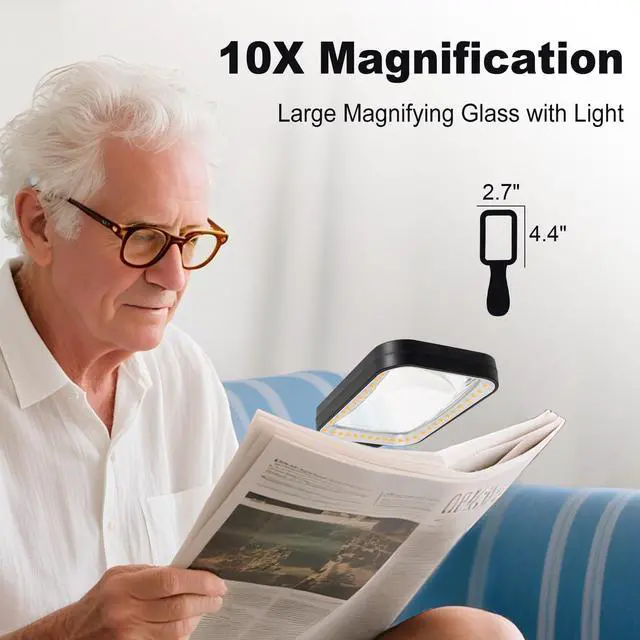 Alt view image 3 of 7 - 10X Magnifying Glass with Light, Rechargeable Magnifier with 3 Color Modes, Lighted Magnifying Glass Handheld for Seniors Reading Low Vision, Inspection, Close Work