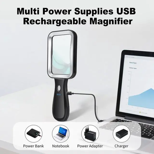 Alt view image 4 of 7 - 10X Magnifying Glass with Light, Rechargeable Magnifier with 3 Color Modes, Lighted Magnifying Glass Handheld for Seniors Reading Low Vision, Inspection, Close Work