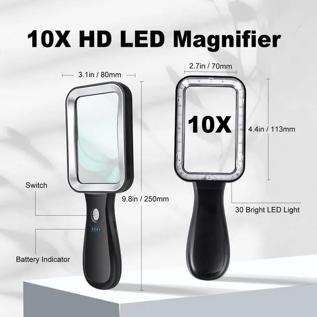 Alt view image 5 of 7 - 10X Magnifying Glass with Light, Rechargeable Magnifier with 3 Color Modes, Lighted Magnifying Glass Handheld for Seniors Reading Low Vision, Inspection, Close Work