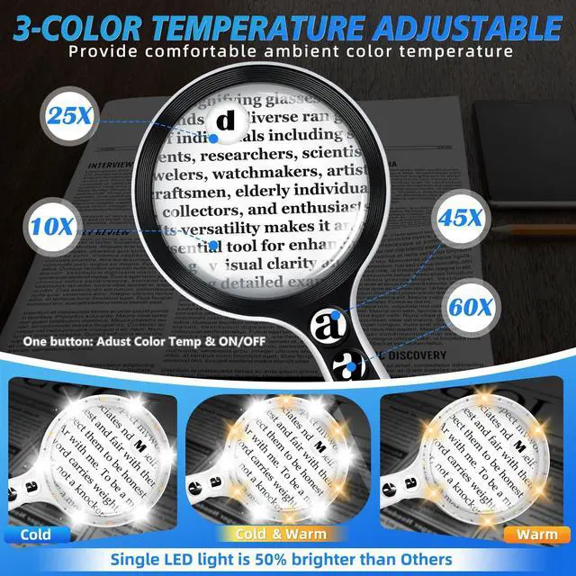 Alt view image 3 of 7 - Large Magnifying Glass with Lights,10X 25X 45X 60X Lighted Magnifier