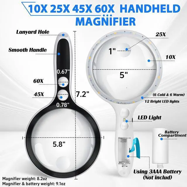 Alt view image 7 of 7 - Large Magnifying Glass with Lights,10X 25X 45X 60X Lighted Magnifier
