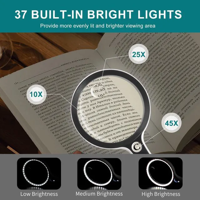 Alt view image 2 of 7 - Large Magnifying Glass with 37 LED Light, 10X 20X 45X Handheld Illuminated Lighted Magnifier with 3 Light Modes for Seniors Reading, Inspection, Coins, Exploring Close Work