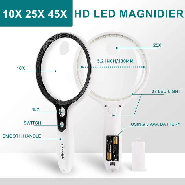 Alt view image 4 of 7 - Large Magnifying Glass with 37 LED Light, 10X 20X 45X Handheld Illuminated Lighted Magnifier with 3 Light Modes for Seniors Reading, Inspection, Coins, Exploring Close Work
