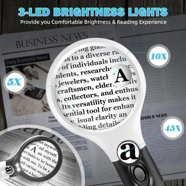 Alt view image 4 of 7 - Compact Magnifying Glass with Lights,45X 10X 5X Small Handheld Lighted Magnifier, 3 LED Light Magnifying Glass for Reading Small Prints & Low Vision Seniors B&W