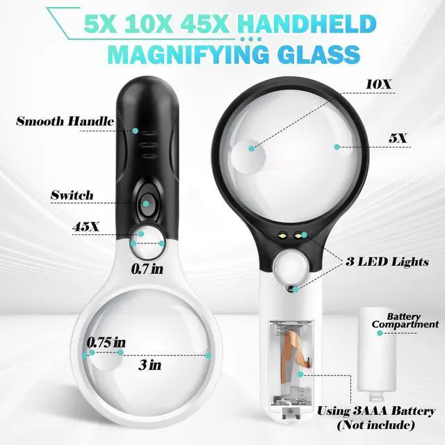 Alt view image 7 of 7 - Compact Magnifying Glass with Lights,45X 10X 5X Small Handheld Lighted Magnifier, 3 LED Light Magnifying Glass for Reading Small Prints & Low Vision Seniors B&W