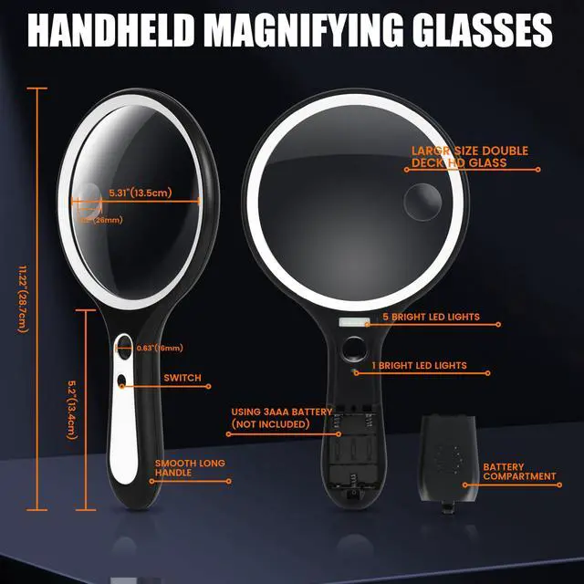 Alt view image 2 of 7 - Magnifying Glass with Light for Reading: 5.31 Large Handheld Magnifier Lighted Glasses with 6 LED for Page Book, Small Prints, Coins, Jewelry, Best Lens Gifts for Seniors, Low Vision Elderly