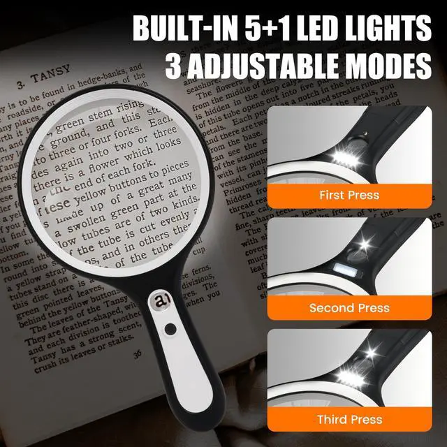 Alt view image 3 of 7 - Magnifying Glass with Light for Reading: 5.31 Large Handheld Magnifier Lighted Glasses with 6 LED for Page Book, Small Prints, Coins, Jewelry, Best Lens Gifts for Seniors, Low Vision Elderly