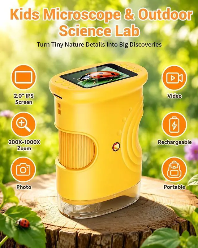 Alt view image 2 of 7 - 1000X Digital Handheld Microscope for Kids with 2.0" IPS Screen, Outdoor Toys Portable STEM Science Lab Gifts, Rechargeable Pocket Microscope Educational Toy for Boys & Girls Age 4-6 8-12, Orange