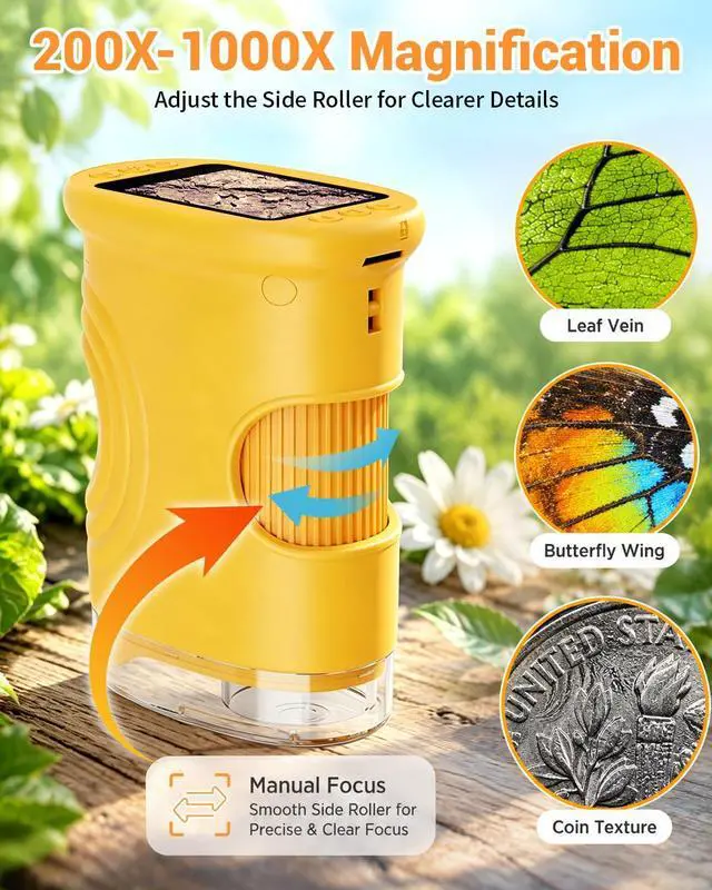 Alt view image 3 of 7 - 1000X Digital Handheld Microscope for Kids with 2.0" IPS Screen, Outdoor Toys Portable STEM Science Lab Gifts, Rechargeable Pocket Microscope Educational Toy for Boys & Girls Age 4-6 8-12, Orange