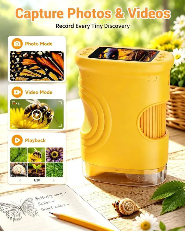 Alt view image 5 of 7 - 1000X Digital Handheld Microscope for Kids with 2.0" IPS Screen, Outdoor Toys Portable STEM Science Lab Gifts, Rechargeable Pocket Microscope Educational Toy for Boys & Girls Age 4-6 8-12, Orange