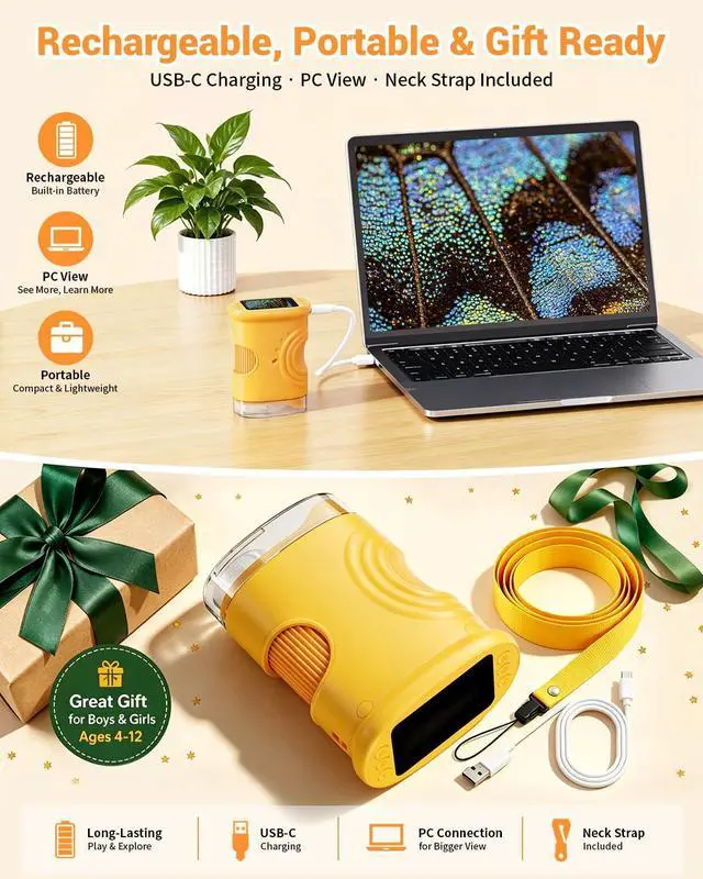 Alt view image 6 of 7 - 1000X Digital Handheld Microscope for Kids with 2.0" IPS Screen, Outdoor Toys Portable STEM Science Lab Gifts, Rechargeable Pocket Microscope Educational Toy for Boys & Girls Age 4-6 8-12, Orange