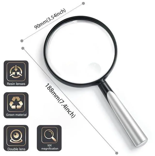 Alt view image 2 of 7 - 10X Handheld Magnifying Glass for Reading- 90mm Diameter, PMMA Lens, Lightweight ABS Frame, Reading Magnifier for Seniors,Suitable for Close Work Hobbies and Science