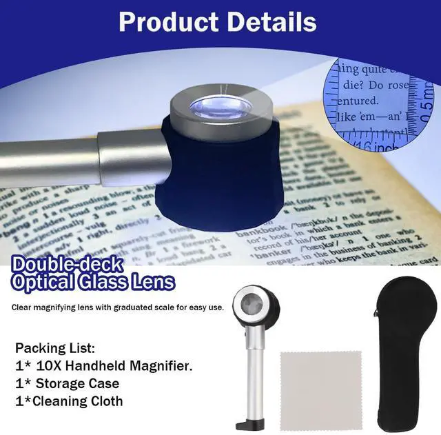 Alt view image 5 of 7 - Jewelers Loupe Magnifiers 10X Magnifying Glass with Light Magnifying Lens with Light Scale and Measure Scale for Jewelry, Seniors Read, Map, Stamps, Macular Degeneration, Inspection