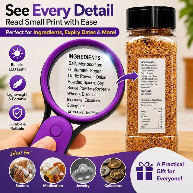 Alt view image 2 of 7 - Purple LED Magnifying Glass with Light, Microscope for Senior Reading, Lightweight Handheld Pocket Magnifier, Non-Breakable Lens, Portable Easy to Use, Jewellery, Coins, Inspection & Hobby Exploration