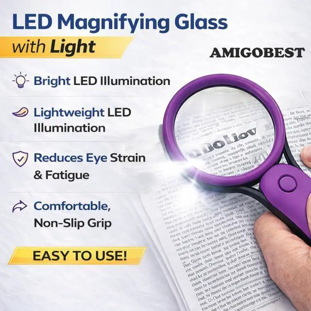 Alt view image 3 of 7 - Purple LED Magnifying Glass with Light, Microscope for Senior Reading, Lightweight Handheld Pocket Magnifier, Non-Breakable Lens, Portable Easy to Use, Jewellery, Coins, Inspection & Hobby Exploration