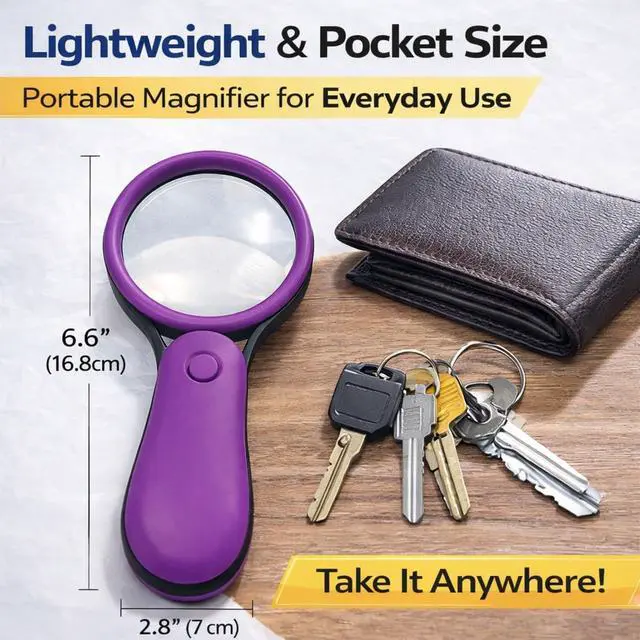 Alt view image 4 of 7 - Purple LED Magnifying Glass with Light, Microscope for Senior Reading, Lightweight Handheld Pocket Magnifier, Non-Breakable Lens, Portable Easy to Use, Jewellery, Coins, Inspection & Hobby Exploration
