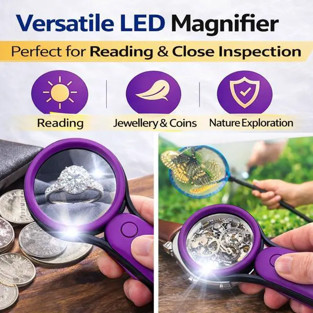 Alt view image 5 of 7 - Purple LED Magnifying Glass with Light, Microscope for Senior Reading, Lightweight Handheld Pocket Magnifier, Non-Breakable Lens, Portable Easy to Use, Jewellery, Coins, Inspection & Hobby Exploration
