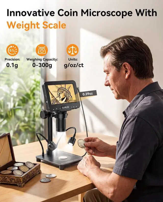 Alt view image 2 of 7 - Microscope with Weighing Scale, Digital Magnifier for Error Coins, Jewelry Magnifying Glass with Lights, 4.3" LCD Screen 12MP Camera 1080P Video USB PC View for Adults Collectors Supplies