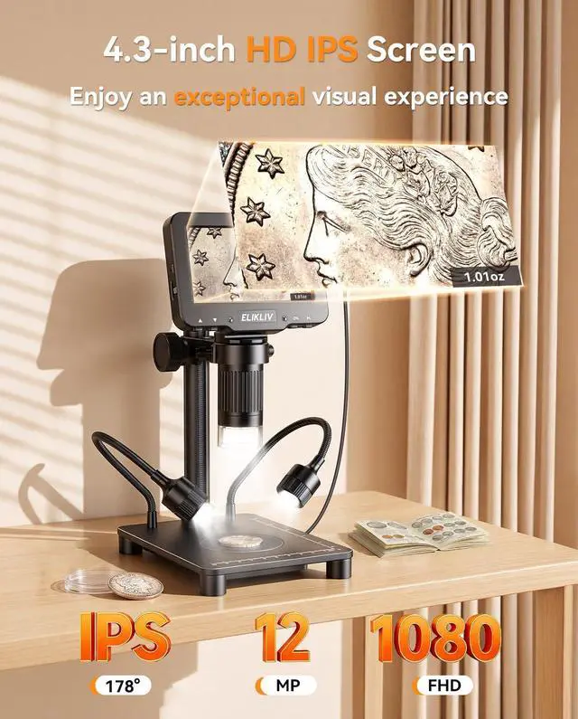 Alt view image 4 of 7 - Microscope with Weighing Scale, Digital Magnifier for Error Coins, Jewelry Magnifying Glass with Lights, 4.3" LCD Screen 12MP Camera 1080P Video USB PC View for Adults Collectors Supplies
