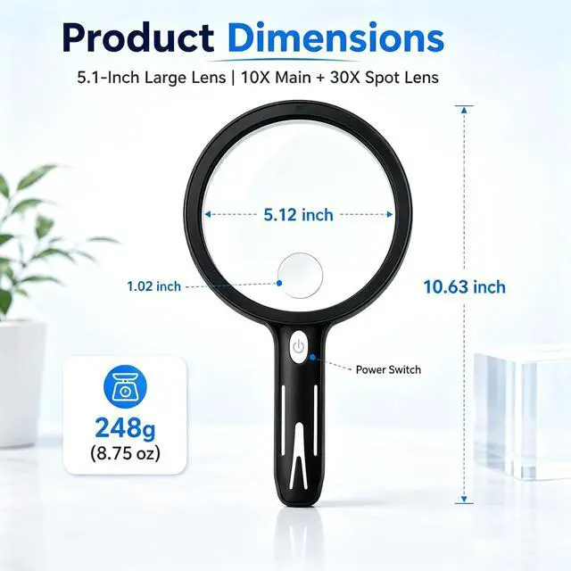 Alt view image 7 of 7 - Magnifying Glass with Light, 5.1'' Large 10X Recharge Handheld Magnifier,