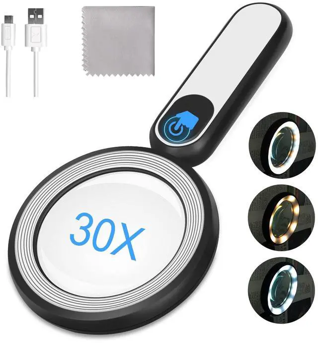 Main image of Rechargeable Magnifying Glass with Light, 30X 4.7IN Handheld Large Lightweight Lighted Magnify Len 21 LED 3 Modes Illuminated Book Magnifier forSenior,Reading,Inspection,Coin,JewelryChristmasGift