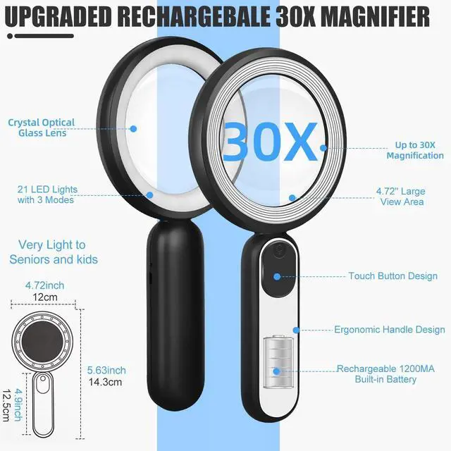 Alt view image 4 of 7 - Rechargeable Magnifying Glass with Light, 30X 4.7IN Handheld Large Lightweight Lighted Magnify Len 21 LED 3 Modes Illuminated Book Magnifier forSenior,Reading,Inspection,Coin,JewelryChristmasGift