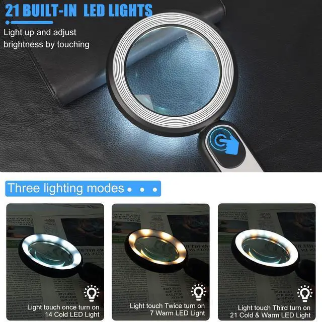 Alt view image 5 of 7 - Rechargeable Magnifying Glass with Light, 30X 4.7IN Handheld Large Lightweight Lighted Magnify Len 21 LED 3 Modes Illuminated Book Magnifier forSenior,Reading,Inspection,Coin,JewelryChristmasGift