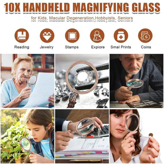 Alt view image 6 of 7 - 10X Handheld Magnifying Glass Vintage Reading Magnifier with Wooden Handle