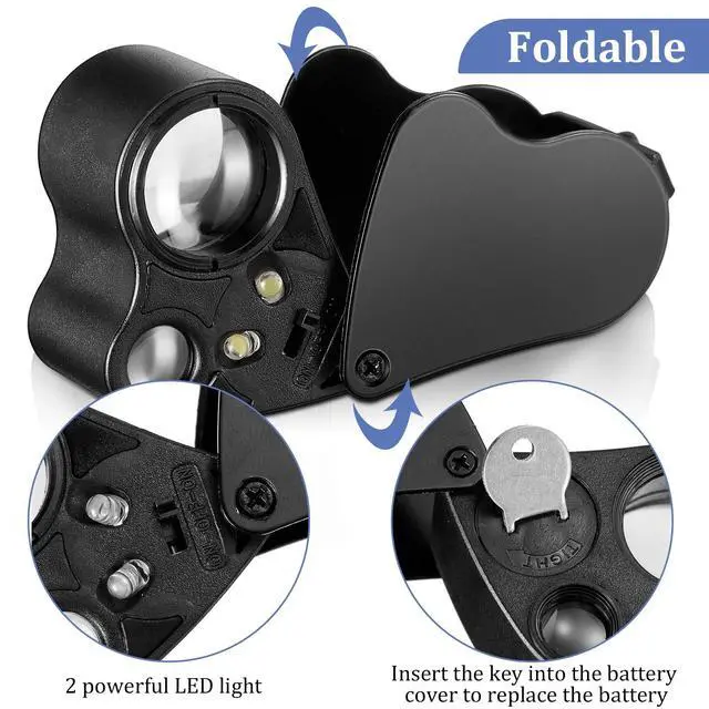 Alt view image 3 of 7 - 2 Pieces Jewelers Loupe 30X 60X 90X Illuminated Eye Loupe Magnifier Jewelry Magnifying Glass Loop with UV Black Light and Bright LED Light for Diamond Gem Coin Stamp Rock(Black)