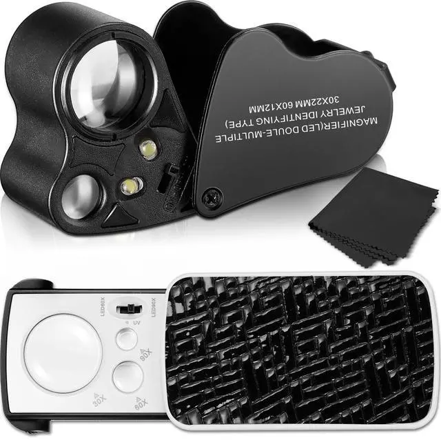Main image of 2 Pieces Jewelers Loupe 30X 60X 90X Illuminated Eye Loupe Magnifier Jewelry Magnifying Glass Loop with UV Black Light and Bright LED Light for Diamond Gem Coin Stamp Rock(Black)