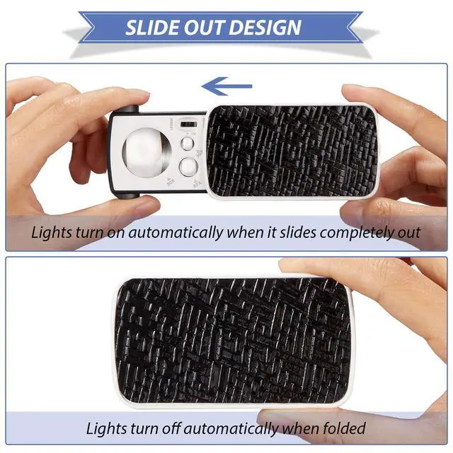 Alt view image 4 of 7 - 2 Pieces Jewelers Loupe 30X 60X 90X Illuminated Eye Loupe Magnifier Jewelry Magnifying Glass Loop with UV Black Light and Bright LED Light for Diamond Gem Coin Stamp Rock(Black)