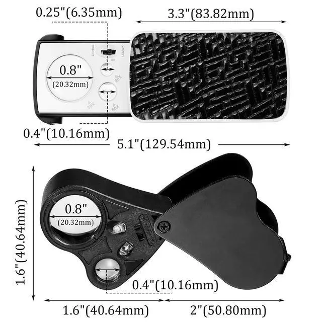 Alt view image 2 of 7 - 2 Pieces Jewelers Loupe 30X 60X 90X Illuminated Eye Loupe Magnifier Jewelry Magnifying Glass Loop with UV Black Light and Bright LED Light for Diamond Gem Coin Stamp Rock(Black)