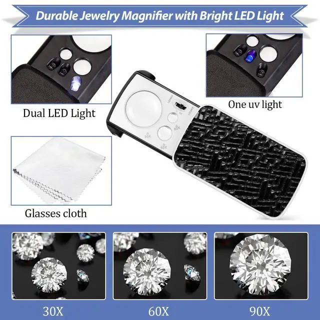 Alt view image 6 of 7 - 2 Pieces Jewelers Loupe 30X 60X 90X Illuminated Eye Loupe Magnifier Jewelry Magnifying Glass Loop with UV Black Light and Bright LED Light for Diamond Gem Coin Stamp Rock(Black)