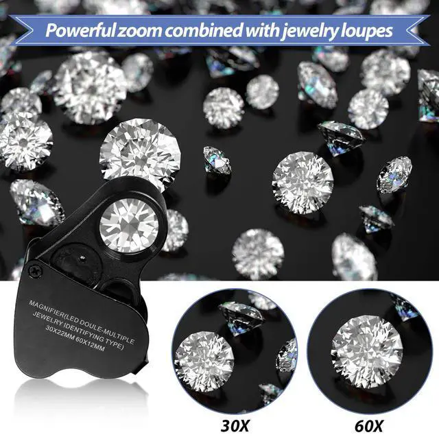 Alt view image 5 of 7 - 2 Pieces Jewelers Loupe 30X 60X 90X Illuminated Eye Loupe Magnifier Jewelry Magnifying Glass Loop with UV Black Light and Bright LED Light for Diamond Gem Coin Stamp Rock(Black)