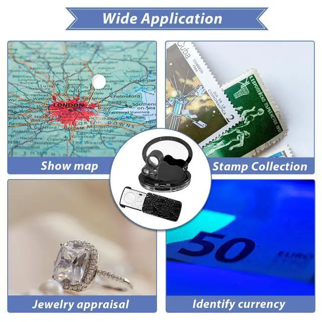 Alt view image 7 of 7 - 2 Pieces Jewelers Loupe 30X 60X 90X Illuminated Eye Loupe Magnifier Jewelry Magnifying Glass Loop with UV Black Light and Bright LED Light for Diamond Gem Coin Stamp Rock(Black)