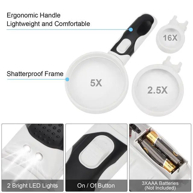 Alt view image 4 of 7 - 3PCS Magnifying Glass with Light Handheld Magnifier(2.5X & 5X & 16X)