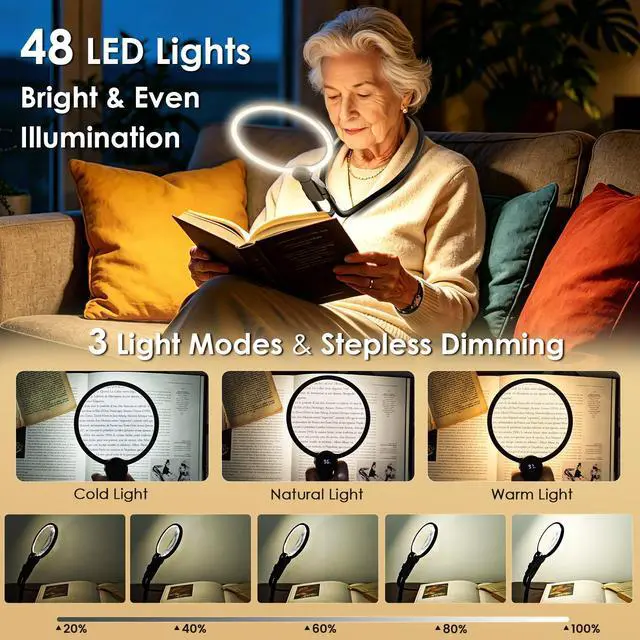 Alt view image 3 of 7 - Rechargeable Magnifying Glass with Light 5.1", 5X Magnifer Neck Wearable Hands Free & Handheld Large Lighted Desk Magnifying Glasses for Reading Booking Crafts Close Work Seniors