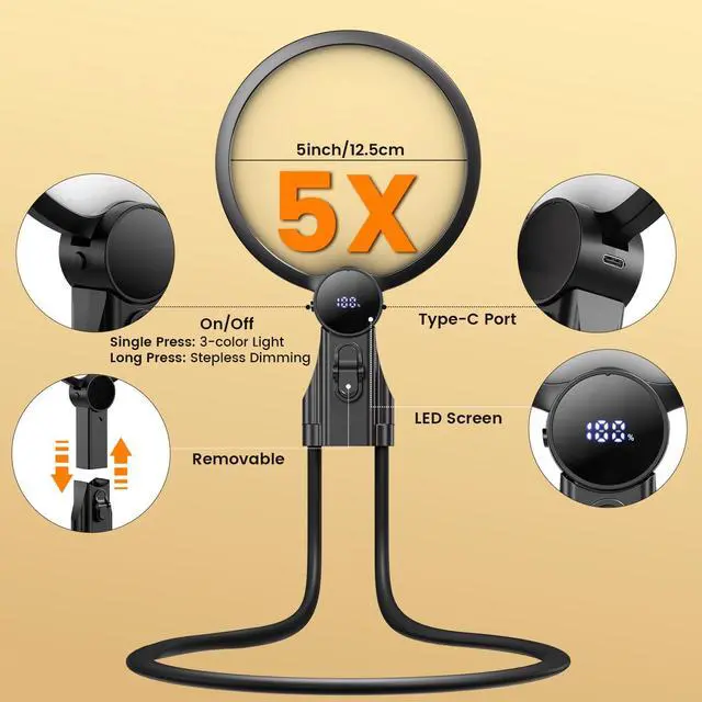 Alt view image 5 of 7 - Rechargeable Magnifying Glass with Light 5.1", 5X Magnifer Neck Wearable Hands Free & Handheld Large Lighted Desk Magnifying Glasses for Reading Booking Crafts Close Work Seniors
