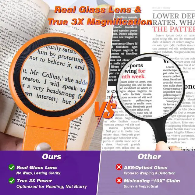 Alt view image 2 of 7 - Magnifying Glass with Light and Stand, Foldable Handheld Magnifying Glass 18 LED Illuminated Lighted Magnifier for Macular Degeneration, Seniors Reading, Close Work, Coins, Jewelry Orange