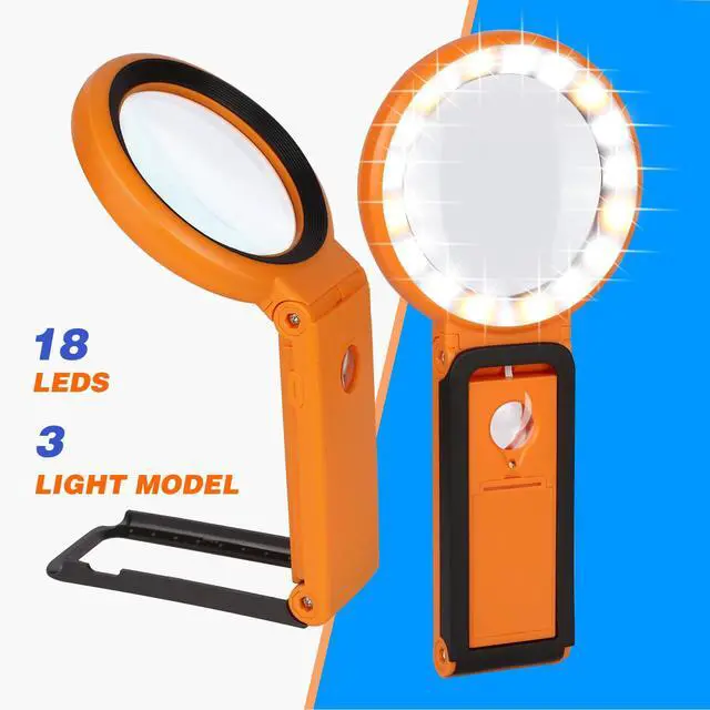 Alt view image 5 of 7 - Magnifying Glass with Light and Stand, Foldable Handheld Magnifying Glass 18 LED Illuminated Lighted Magnifier for Macular Degeneration, Seniors Reading, Close Work, Coins, Jewelry Orange