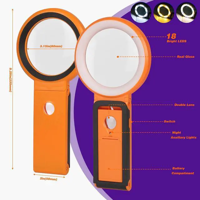 Alt view image 6 of 7 - Magnifying Glass with Light and Stand, Foldable Handheld Magnifying Glass 18 LED Illuminated Lighted Magnifier for Macular Degeneration, Seniors Reading, Close Work, Coins, Jewelry Orange