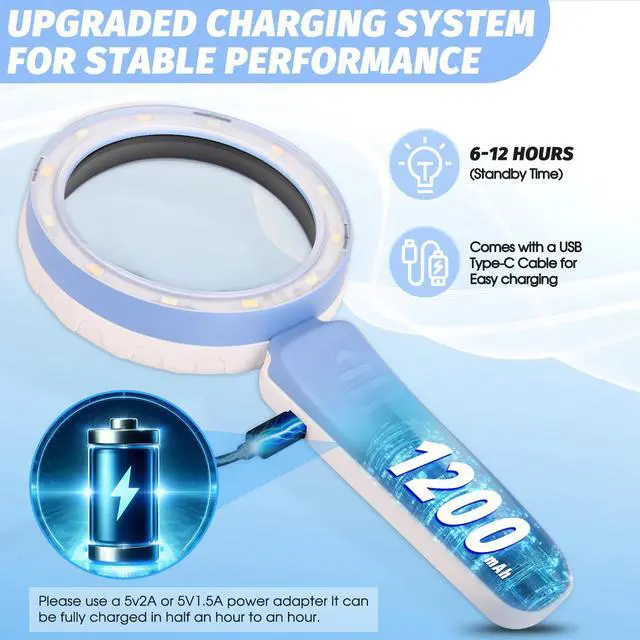 Alt view image 2 of 7 - 45X Magnifying Glass with Light, Rechargeable LED Magnifier, 6 Color Modes, 4.6" Large Lens, Handheld for Seniors Reading, Coins, Jewelry, Crafts